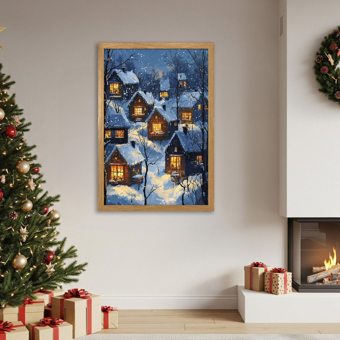 Framed Poster of a snowy village scene in a cozy, painterly style with a blue and warm yellow color palette. Perfect winter decor!