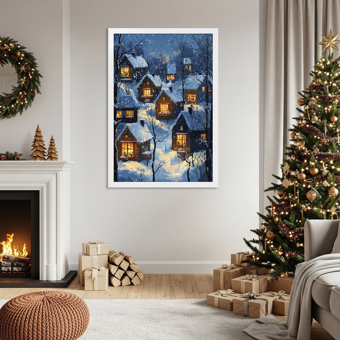 Framed Poster of a winter village scene. Cozy, painterly style with blues, whites, and warm yellow highlights. Perfect holiday decor!