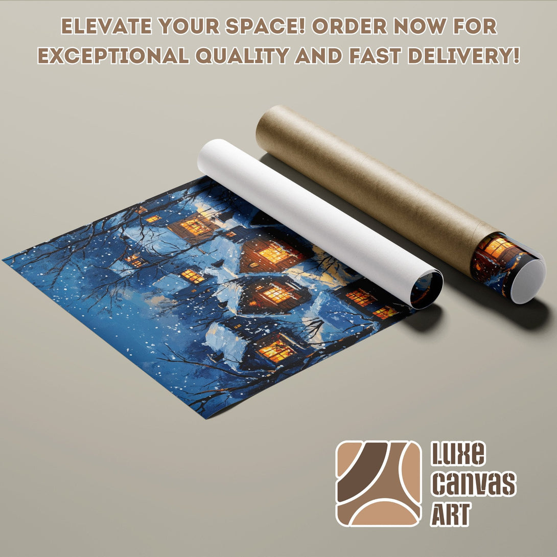 Poster Roll featuring a winter village painting in blue and warm tones. Elevate your space with art!