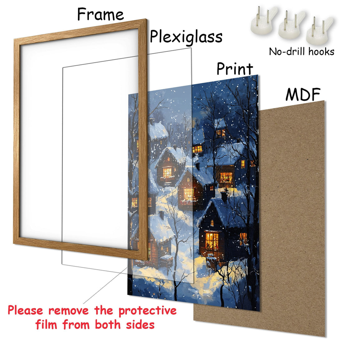 Framed Poster of a winter village scene in a painterly style. Features a blue and gold color palette, perfect for cozy decor.
