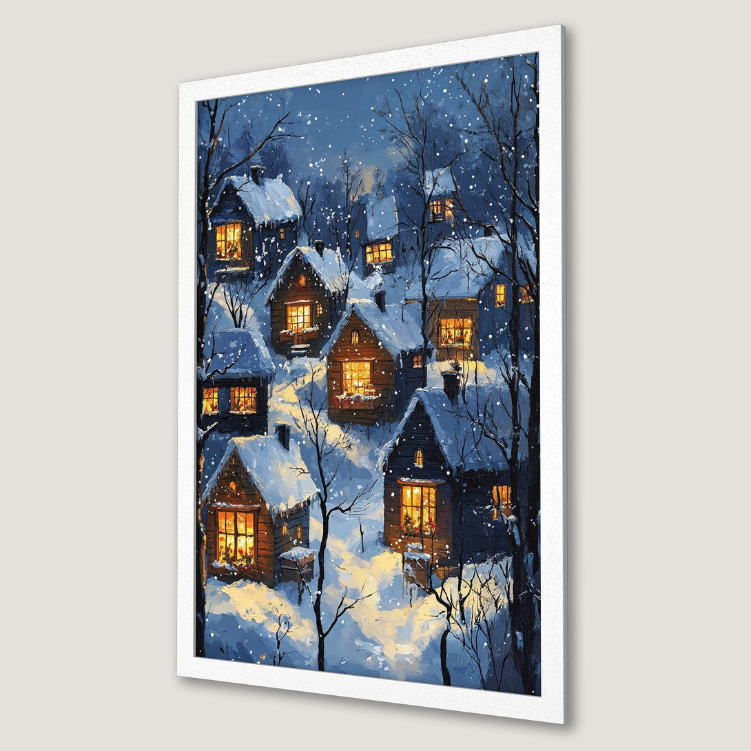 Framed Poster of a cozy winter village scene in a painterly style. Blue, white, and warm yellow color palette. Perfect for holiday decor.