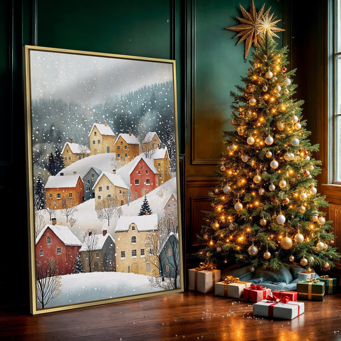 Canvas Print of a snowy village scene, watercolor style. Warm, inviting color palette with reds, yellows, and blues. Perfect for winter decor.