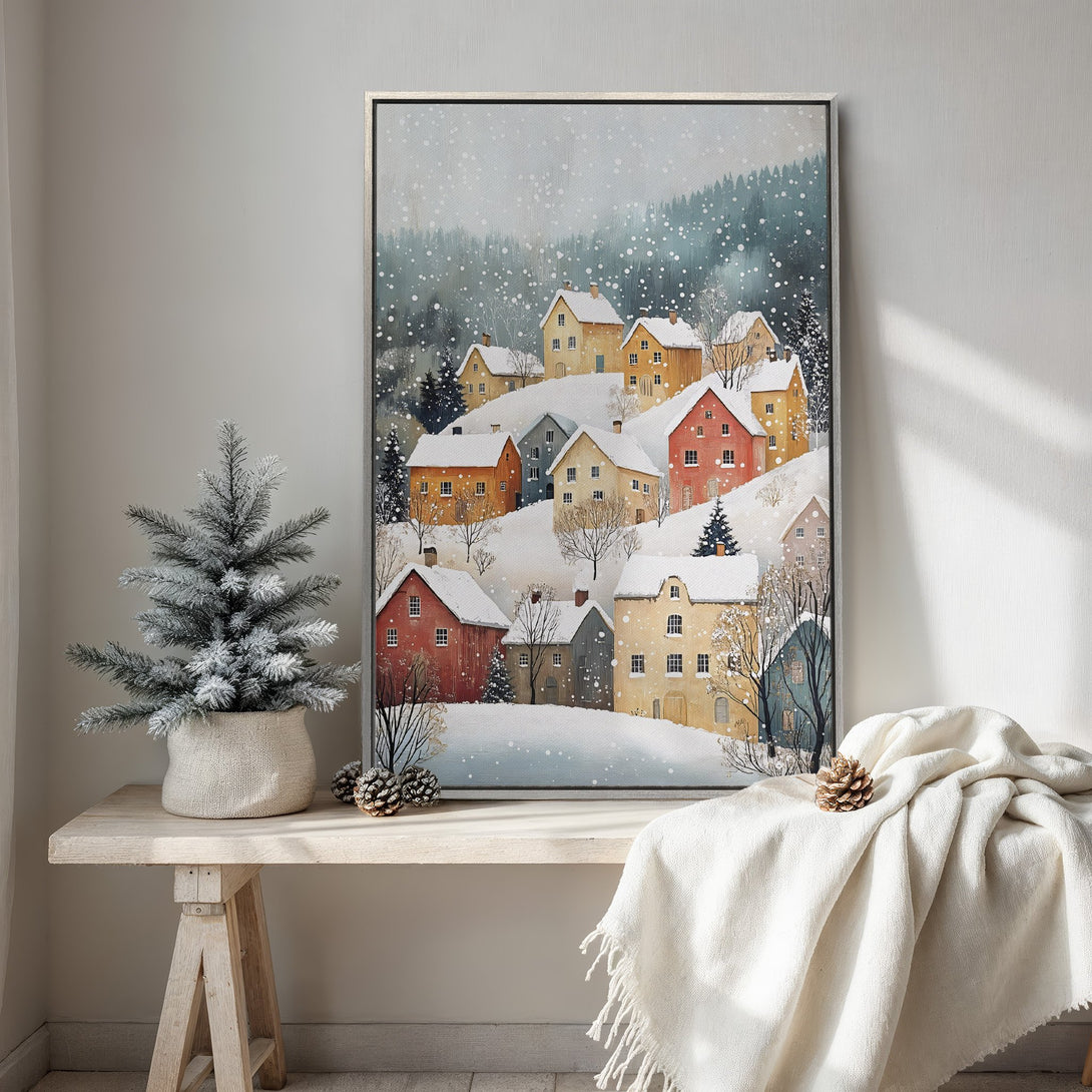 Framed Wall Art: Winter village scene in watercolor style. Features snow-covered houses with a warm, inviting color palette. Perfect for cozy home decor.