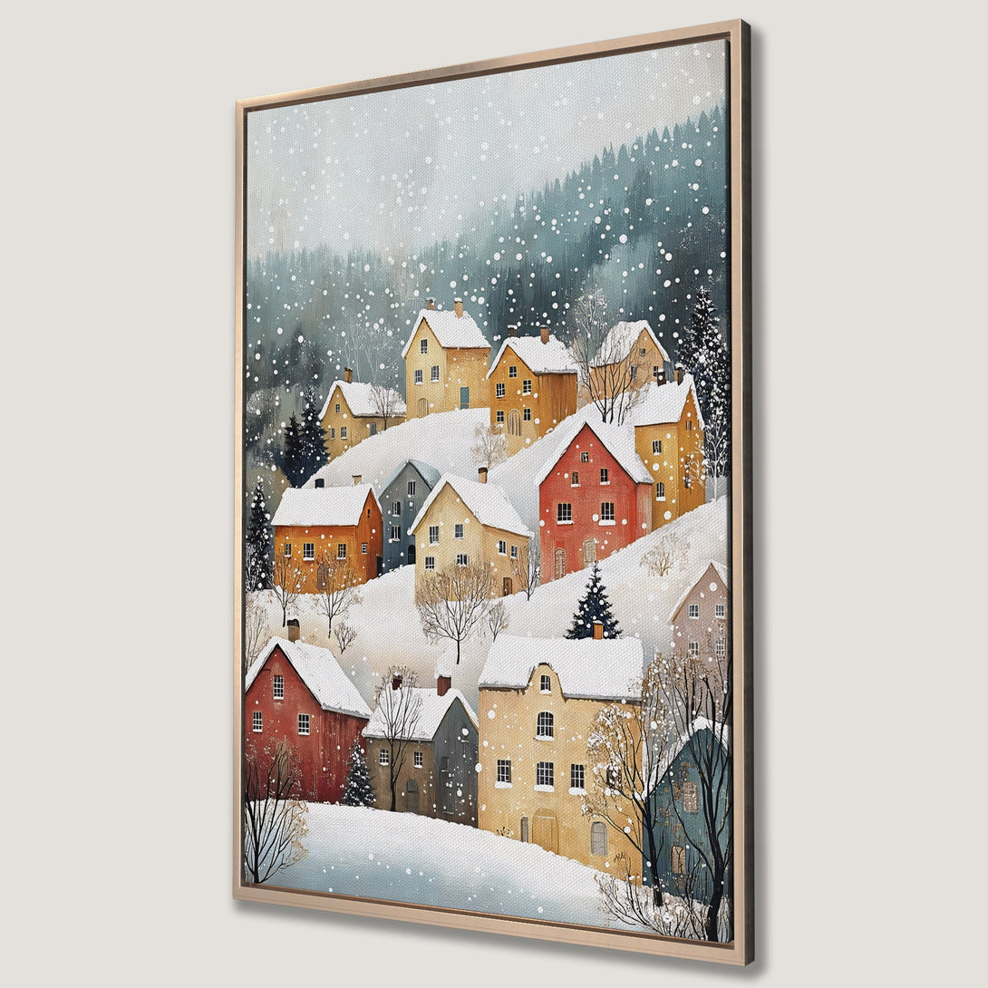 Framed Wall Art: Watercolor painting of a snowy village with warm-toned houses. Winter scene with a cool blue and muted palette. Perfect for cozy decor.