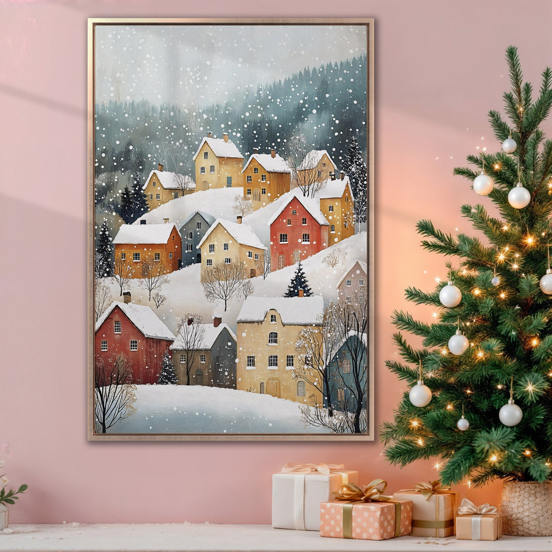 Framed Wall Art: Winter village scene in watercolor style. Warm, inviting color palette with snowy hills and cozy homes. Perfect holiday decor.