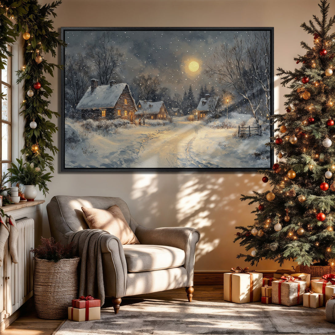 Framed Wall Art: Winter landscape Canvas Print with cozy cabin scene in a muted blue, white, and gold color palette. Perfect for holiday decor!