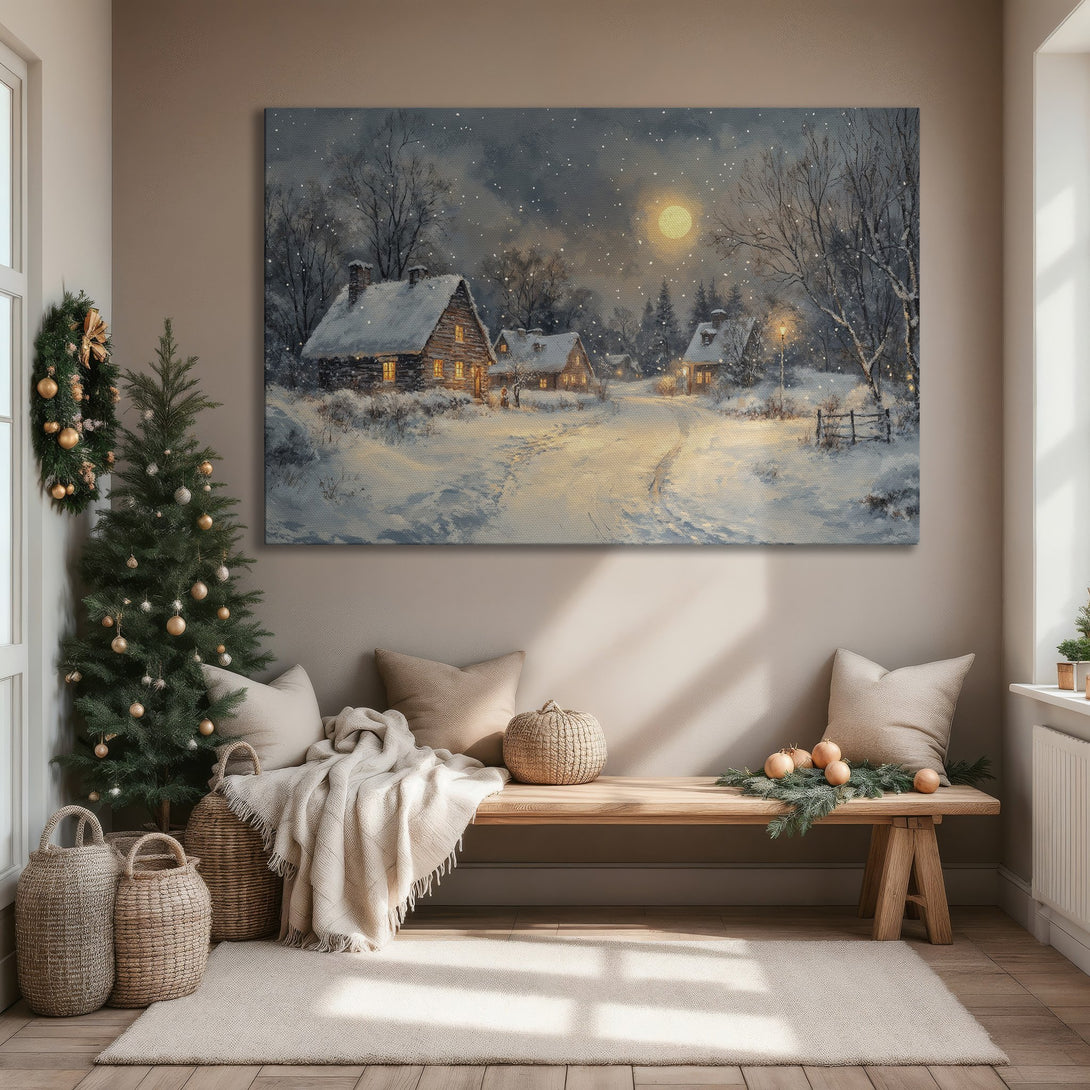 Framed Wall Art: Winter scene canvas print with snowy village, warm lighting, and a cozy, inviting atmosphere. Perfect for living room decor.