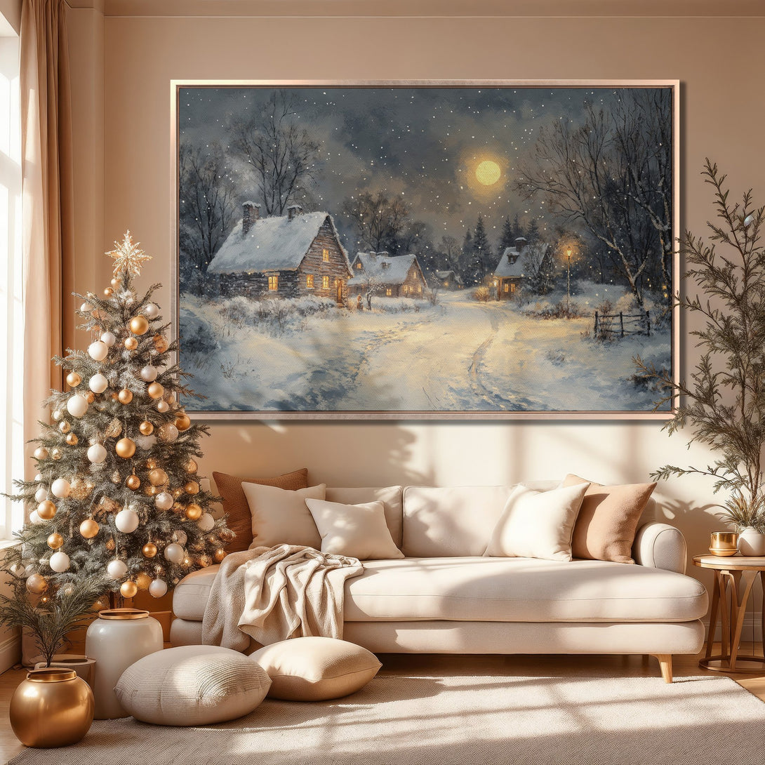 Framed Wall Art: Winter landscape Canvas Print in neutral tones. Cozy cabin scene with warm lighting. Perfect for holiday decor!