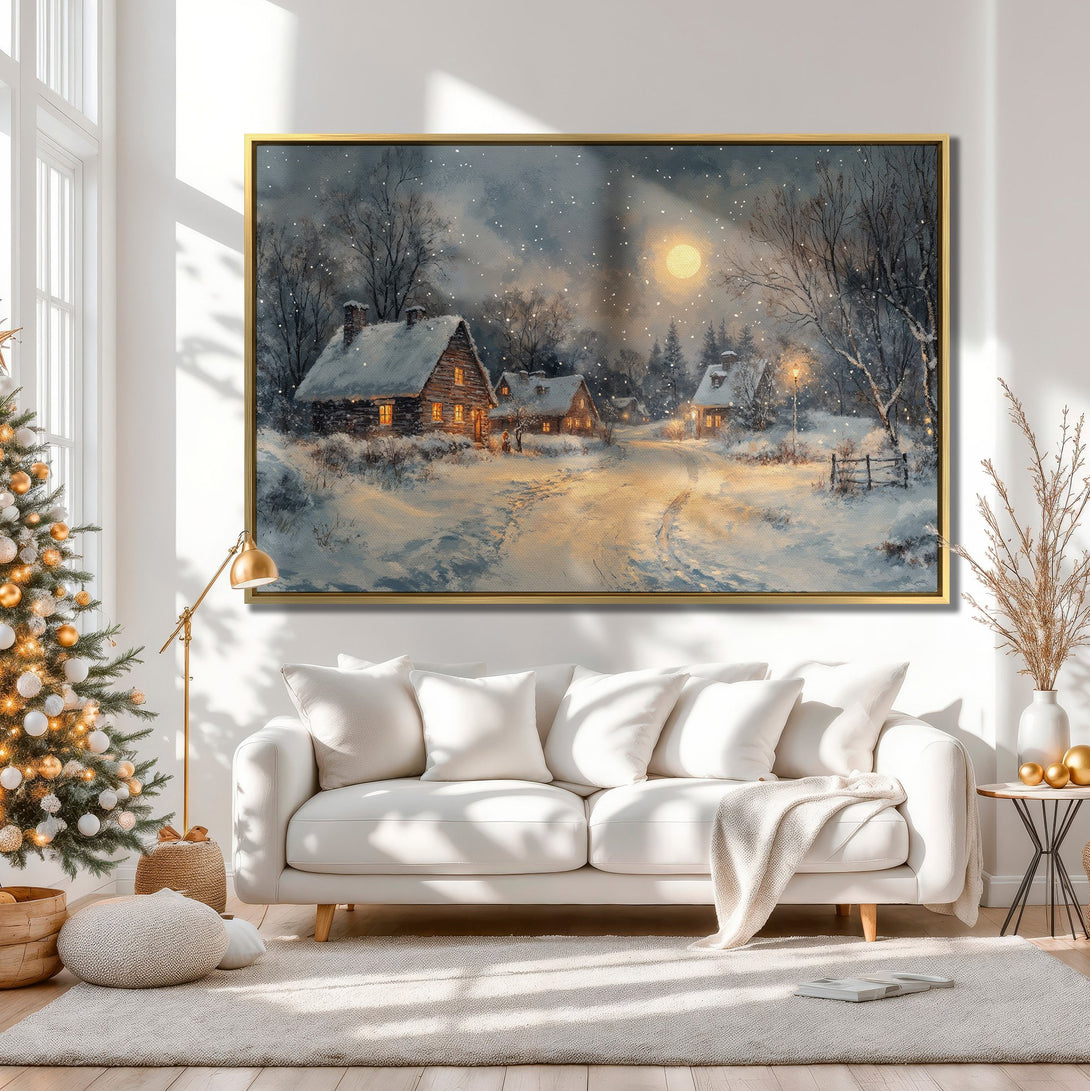 Canvas Print of a snowy winter village scene in a warm, neutral color palette. Perfect for cozy home decor.