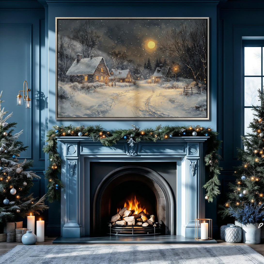 Framed Wall Art: Winter landscape Canvas Print in cool blue tones. Cozy cabin scene with snow, perfect for holiday decor & adding warmth to your space.