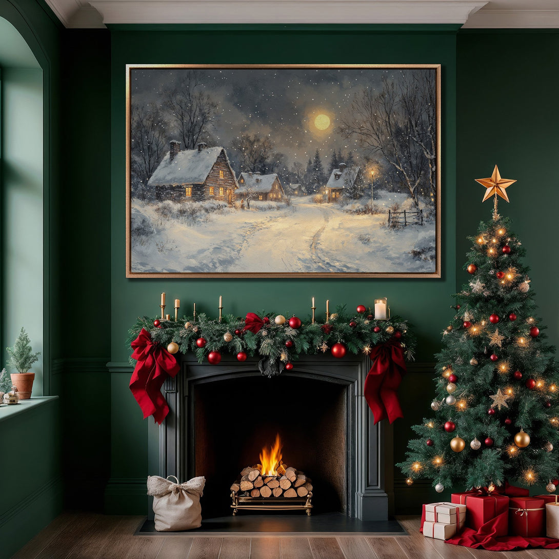 Framed Wall Art of a snowy winter village scene, warm and inviting. Features a cozy, rustic style with a neutral, warm color palette. Perfect for holiday decor!