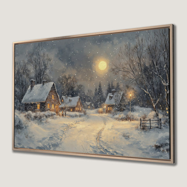Framed Wall Art of a snowy winter village scene. Cozy, warm-toned painting with a blue, gray, and gold color palette. Perfect for adding a touch of winter charm.