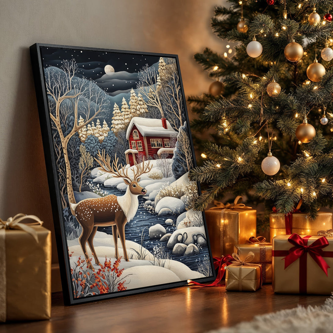 Framed Wall Art: Winter scene Canvas Print with a deer, red cabin, and snowy landscape in cool blues and warm browns. Perfect holiday decor!