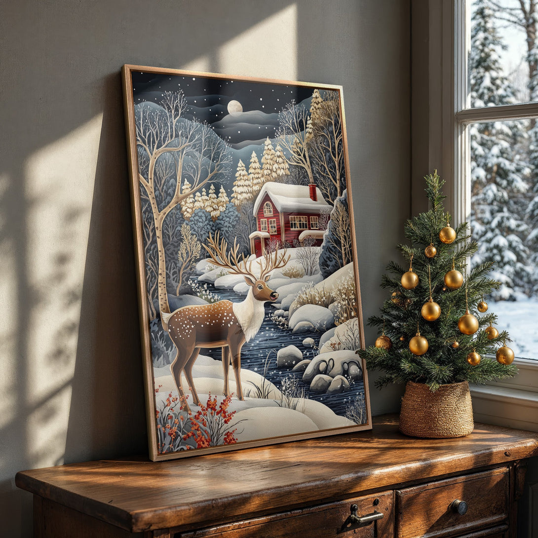 Framed Wall Art: Winter scene with deer, cabin, and snowy landscape. Rustic style, blue, brown, and white color palette. Perfect for cozy home decor.