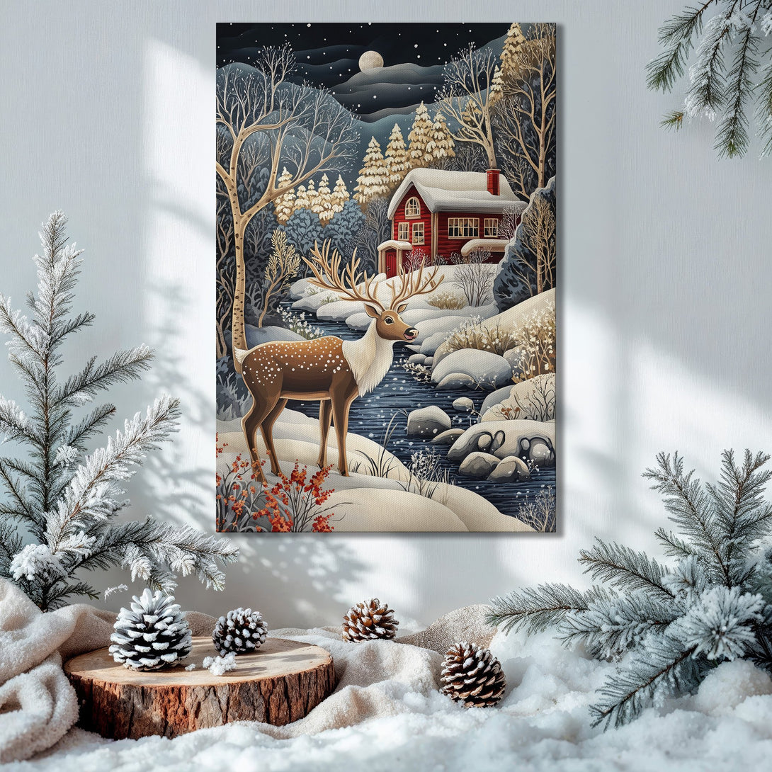 Framed Wall Art: Winter landscape Canvas Print with deer, cozy cabin, and snowy scene. Featuring a blue and white color palette, perfect for holiday decor.