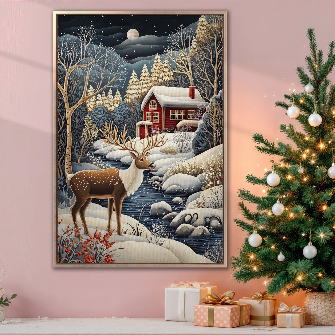 Framed Wall Art: Winter landscape with a deer, red cabin, and snowy scene in a whimsical style. Features a blue, brown, and white color palette. Perfect holiday decor!