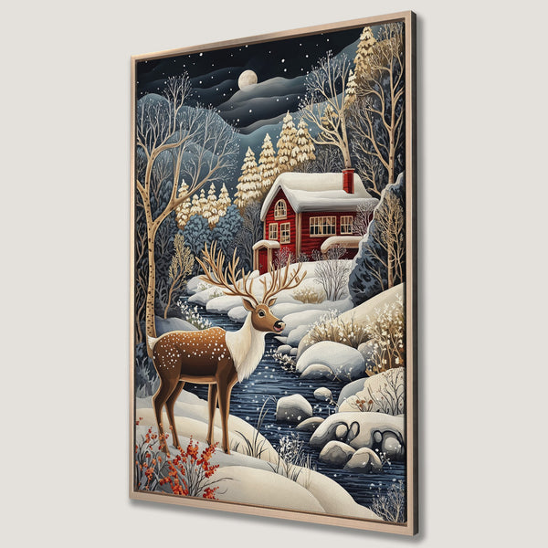 Framed Wall Art: Winter scene with a deer, red cabin, and snowy landscape. Watercolor style with a blue, brown, and white color palette. Perfect for cozy decor.
