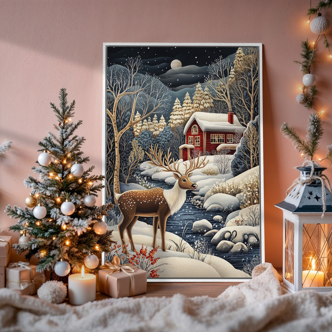 Framed Wall Art: Winter scene with deer, red cabin, and snowy landscape. Blue, white, and brown color palette. Perfect for holiday decor.