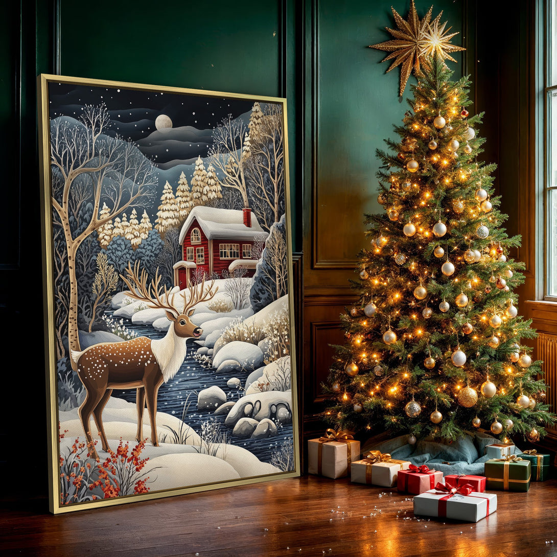 Canvas Print featuring a winter scene with a deer, cabin, and river. Artistic style, cool blue and warm red color palette. Perfect for holiday decor.