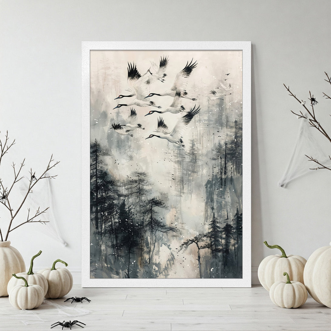 Framed Poster featuring cranes in flight over a misty forest, in a muted gray and white color palette, perfect for home decor.