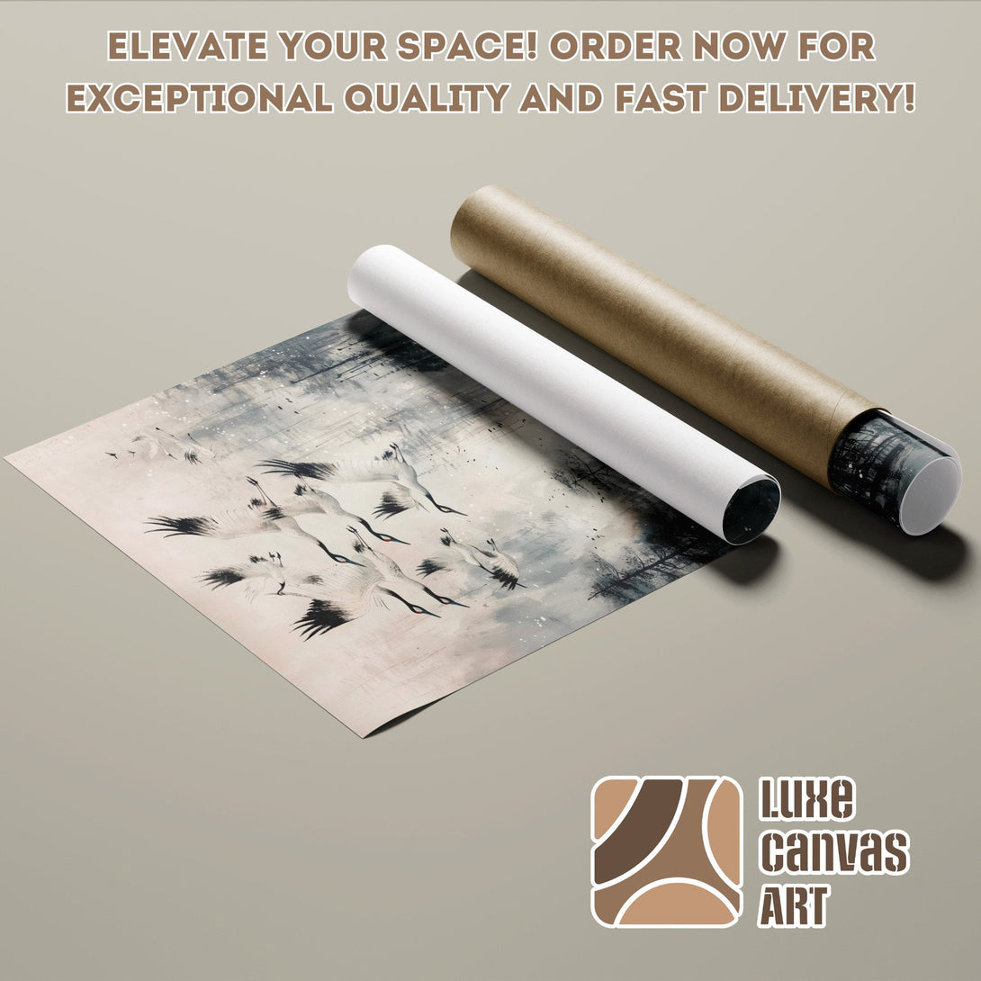 Poster Roll featuring cranes in a soft, neutral palette. Elevate your space with art! Order now!