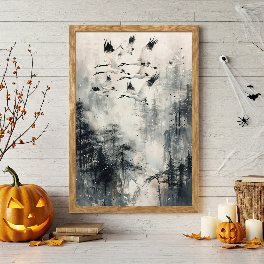 Framed Poster of cranes flying over a misty forest, in a watercolor style, with a black, white, and grey color palette.