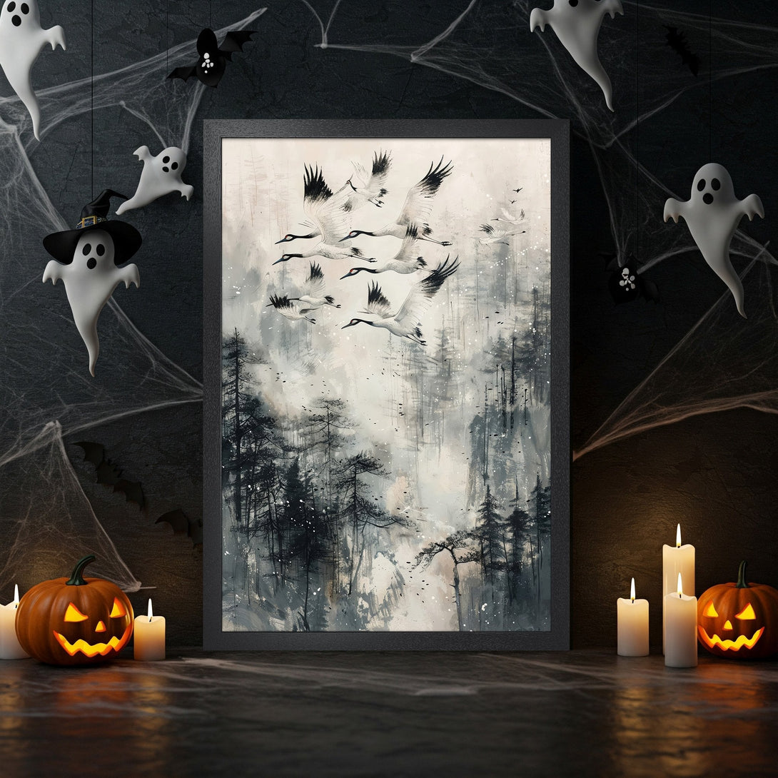 Framed Poster featuring cranes flying over a forest, in a watercolor style, with a black, white, and gray color palette. Perfect for Halloween!
