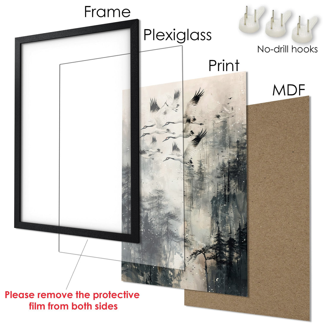 Framed Poster featuring cranes in flight over a misty forest. Neutral color palette with black frame, perfect for any decor.