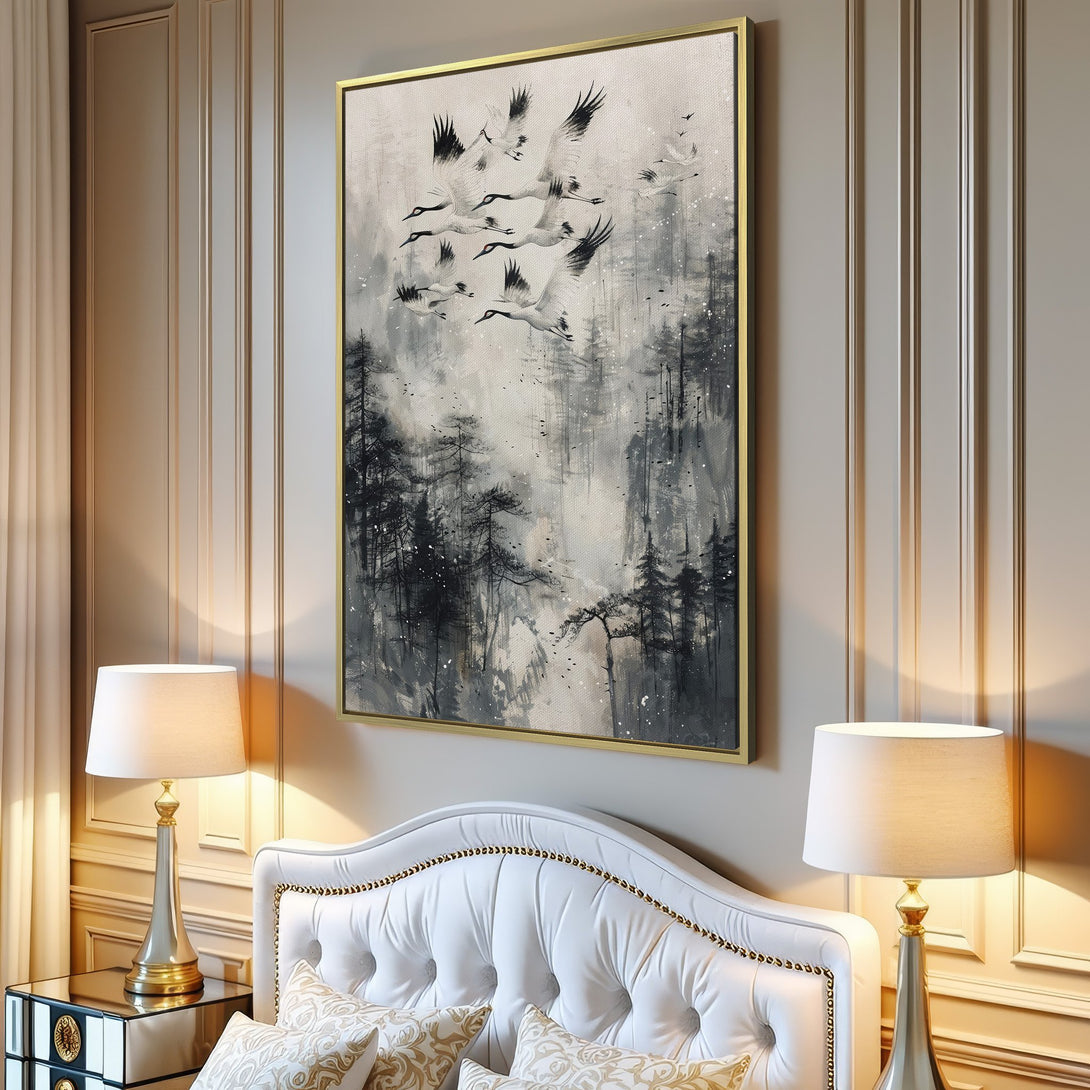 Canvas Print featuring a flock of cranes over a forest, in a serene, monochrome watercolor style. Perfect for adding a touch of nature to your home.