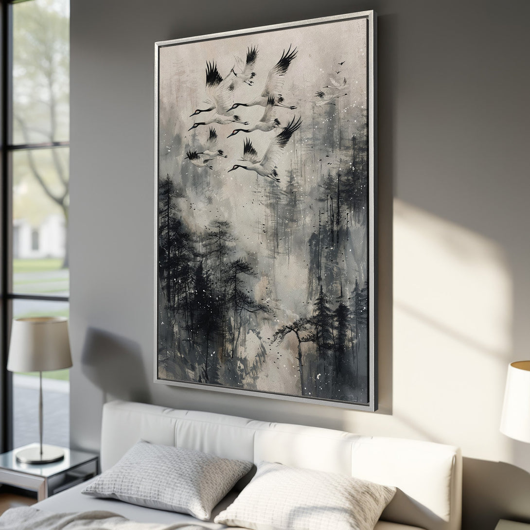 Framed Wall Art: Elegant crane painting in grayscale. Modern canvas print for bedroom decor. Enhance your space with this serene, minimalist artwork.