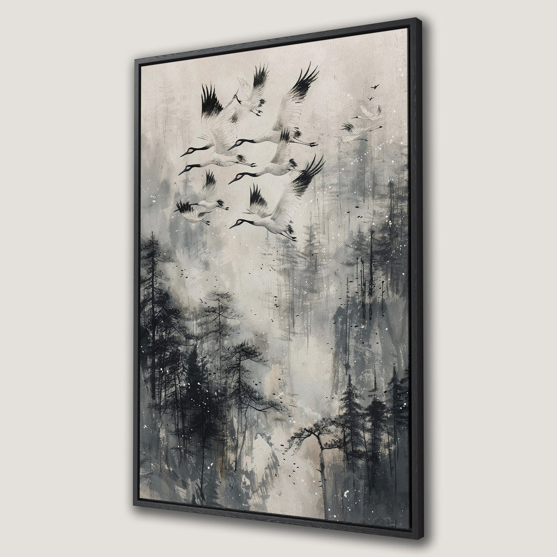 Framed Wall Art featuring cranes in flight over a misty forest. Artistic, monochrome painting with a neutral color palette. Perfect for modern decor.