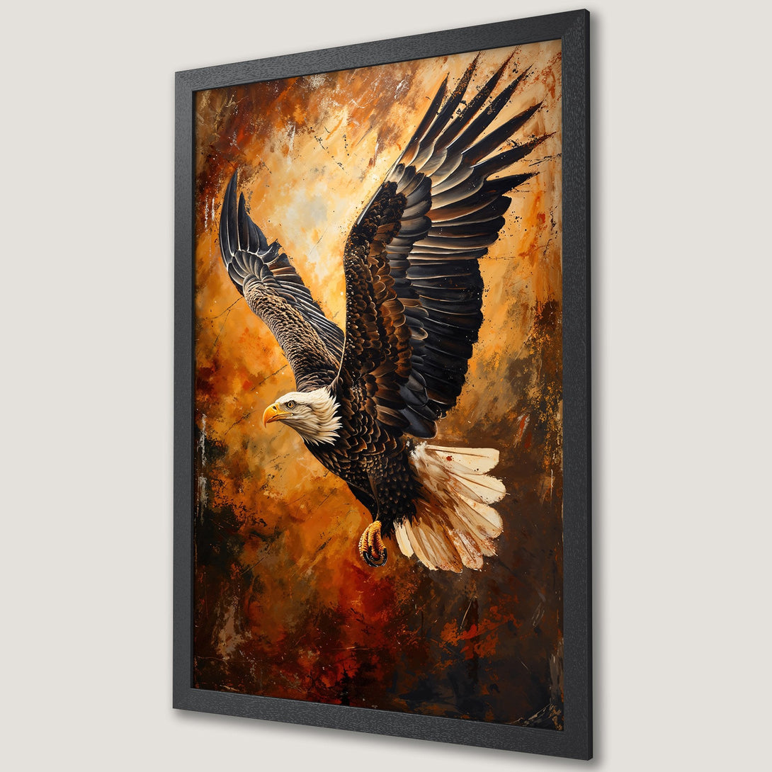 Framed Poster of an eagle in flight, abstract style, warm orange and brown color palette, perfect wall art.