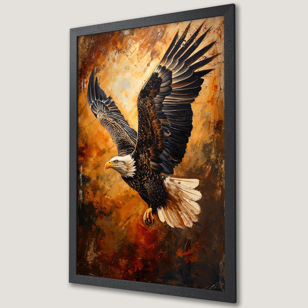 Framed Poster of an eagle in flight, abstract style, warm orange and brown color palette, perfect wall art.