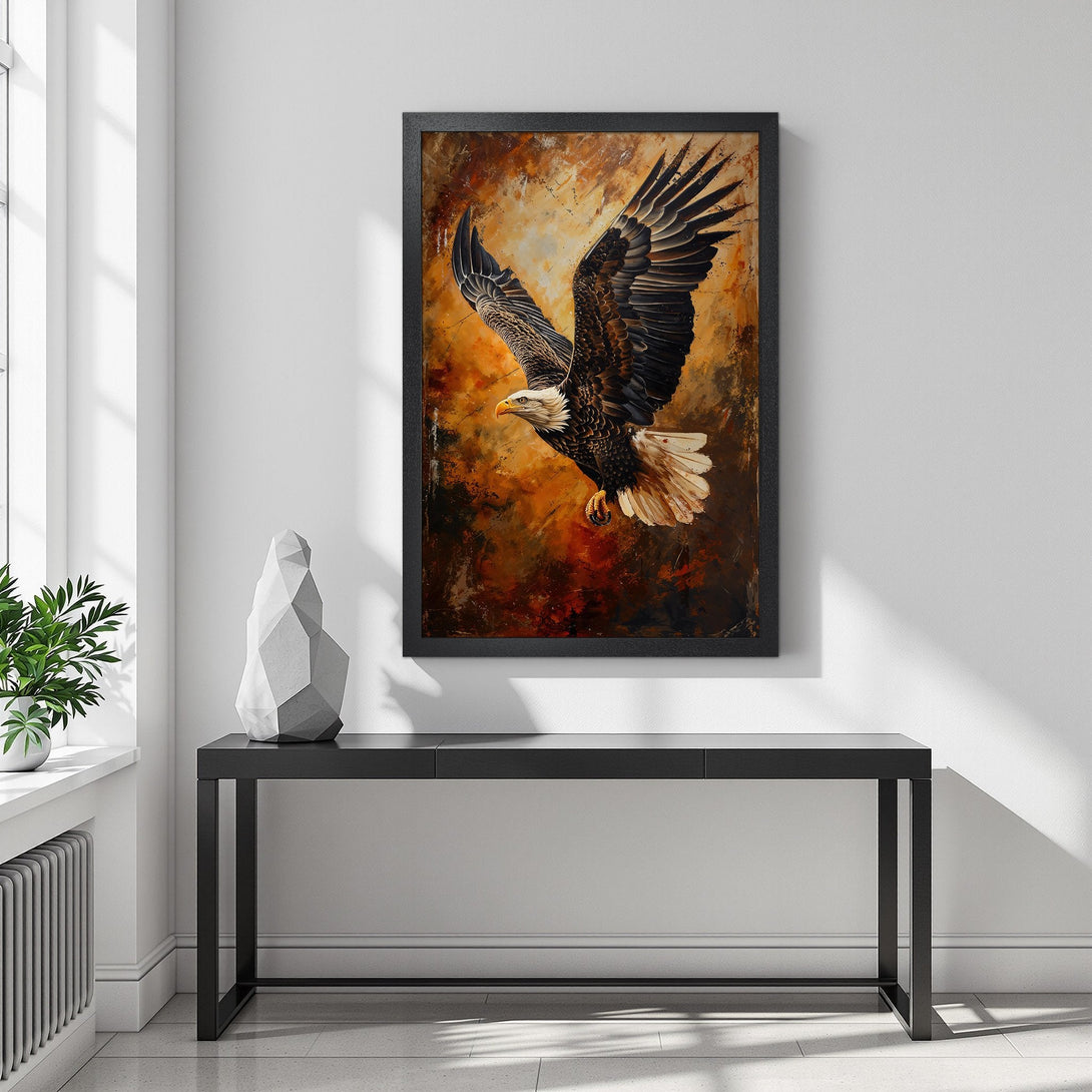 Framed Poster of a majestic eagle in flight. Artistic style with warm, earthy tones. Elevate your space with this stunning wall art!