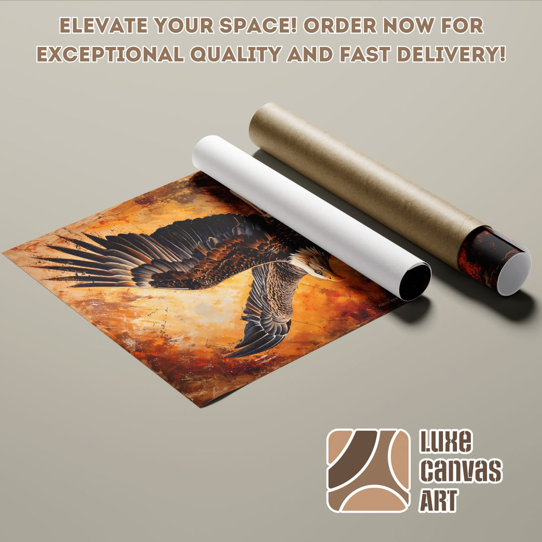 Eagle Poster Roll art print. Abstract style with warm orange, brown, and black color palette. Elevate your space!