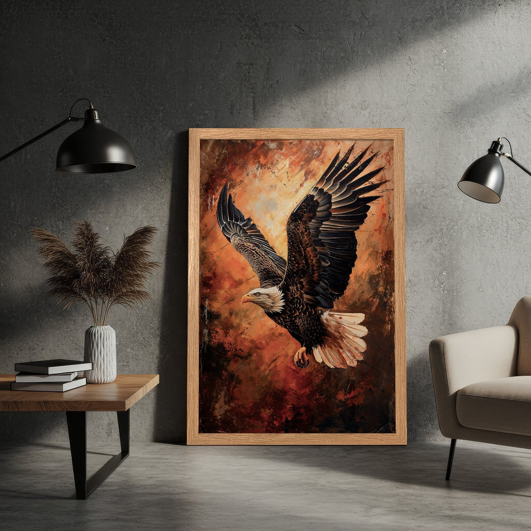Framed Poster of an eagle in flight, abstract style, warm orange and brown tones. Perfect wall art.