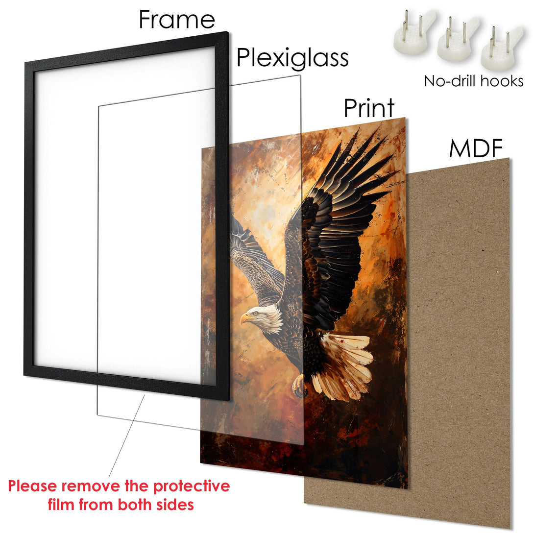 Framed Poster featuring an eagle in a warm, earthy color palette. Perfect wall art for any space!