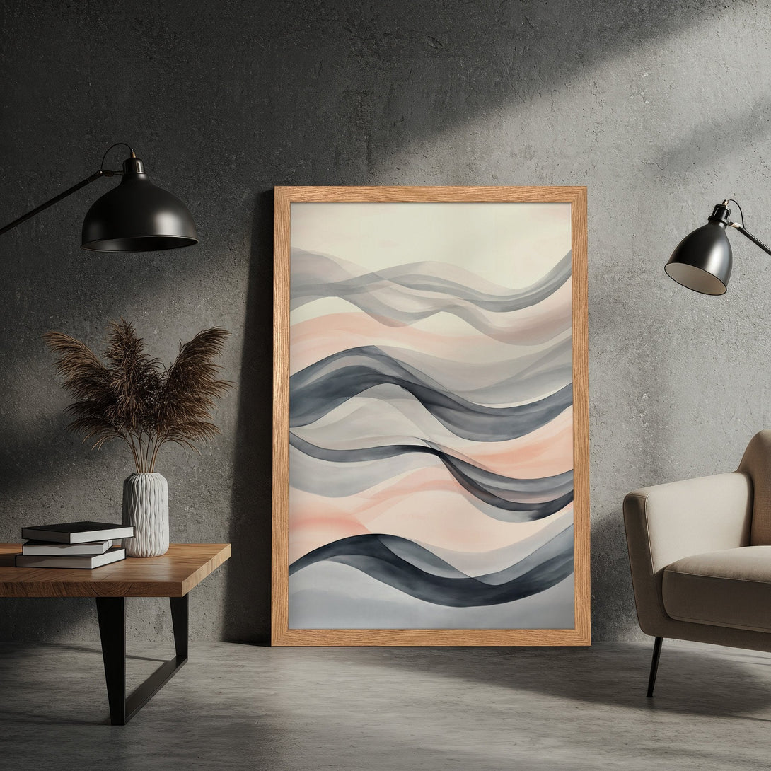 Framed Poster featuring abstract wave art in a neutral color palette. Modern decor perfect for adding a touch of elegance to your space.
