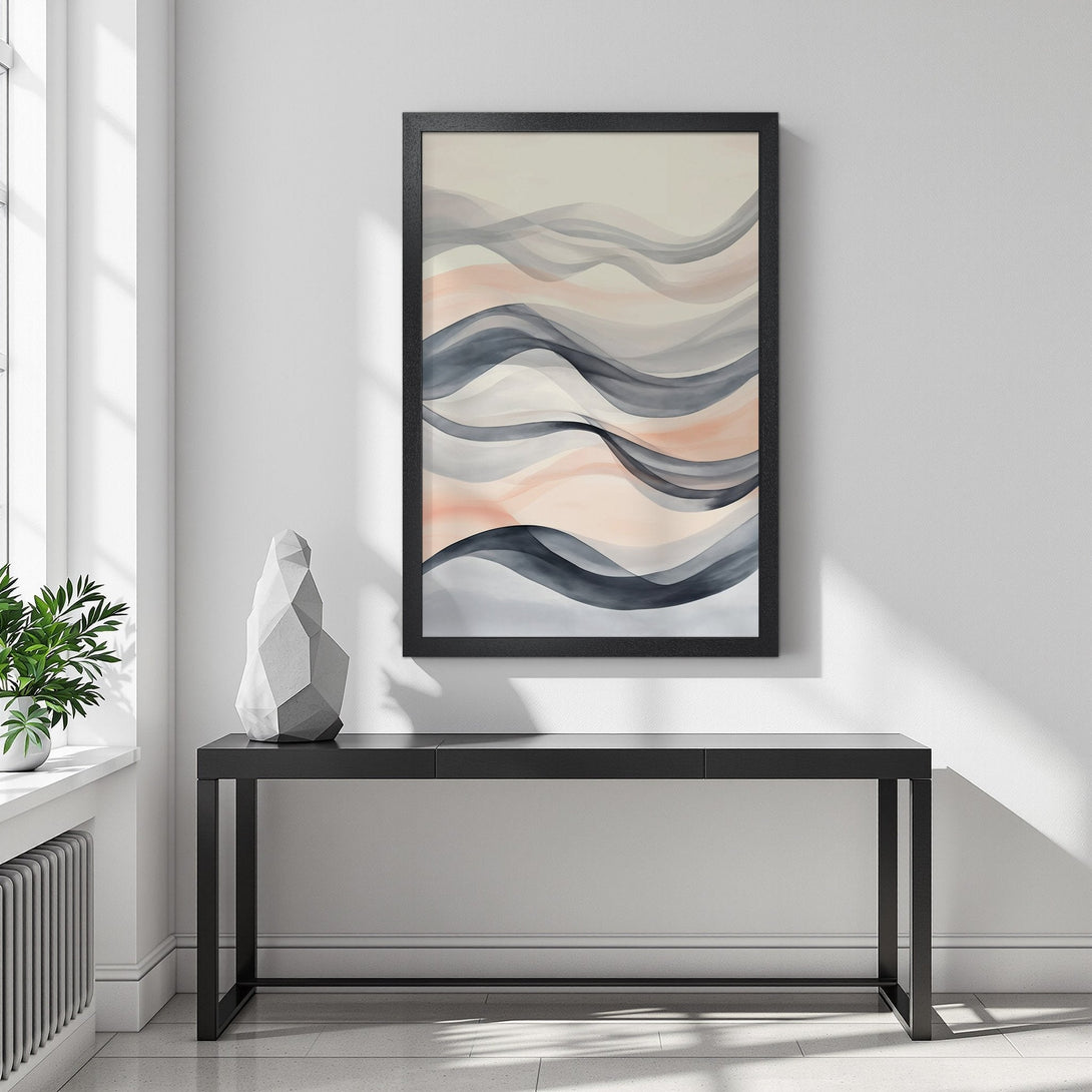 Framed Poster featuring abstract wave art in soft gray, pink, and beige tones. Modern art print for stylish home decor.
