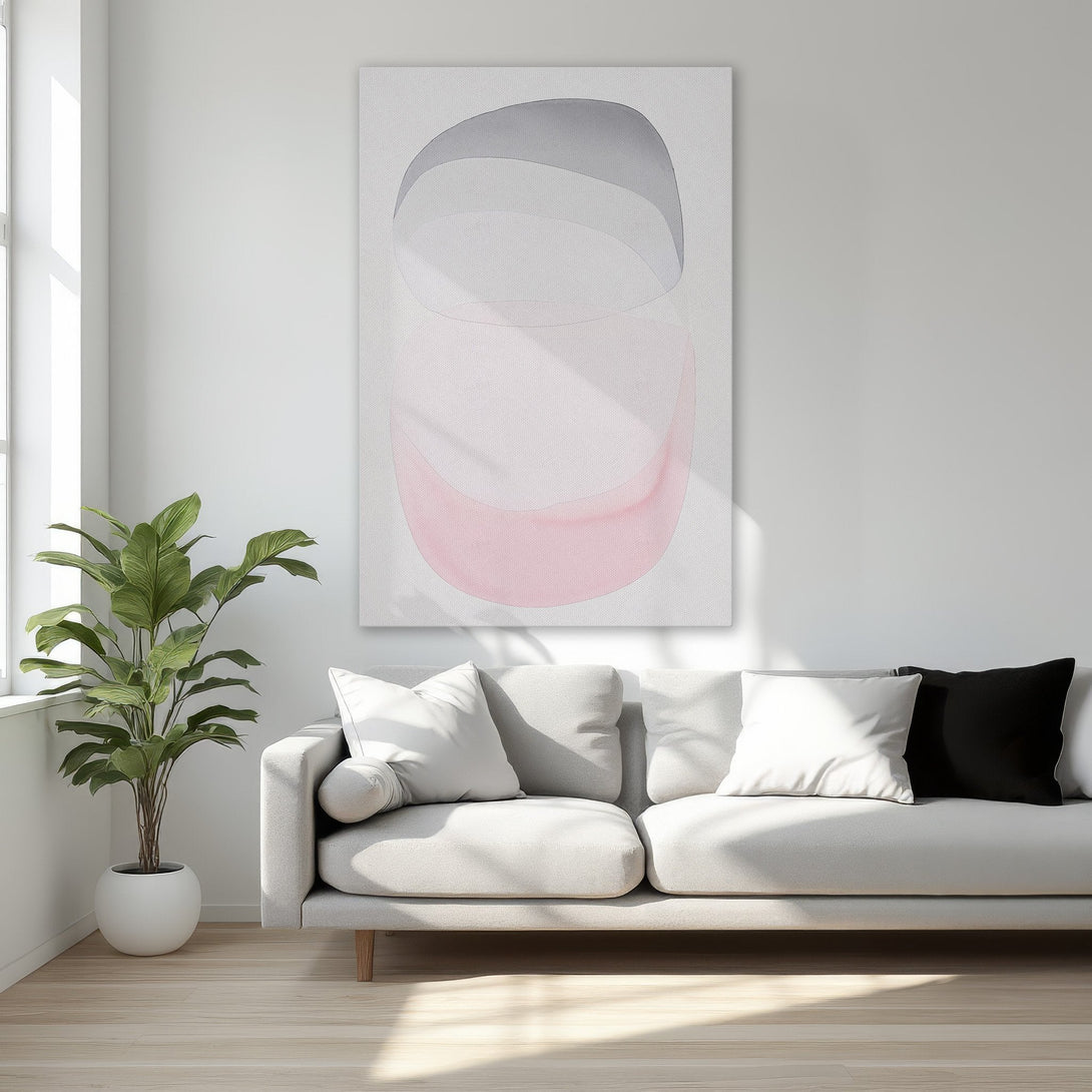Framed Wall Art: Abstract pink and gray shapes on canvas. Modern art piece with a gold frame, perfect for bedroom decor.