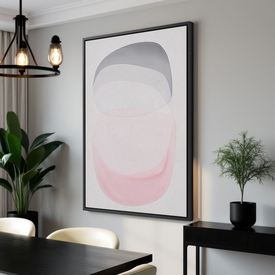 Framed Wall Art featuring abstract watercolor shapes in pink and gray hues. Modern art for your home decor. Shop our Canvas Print collection today!