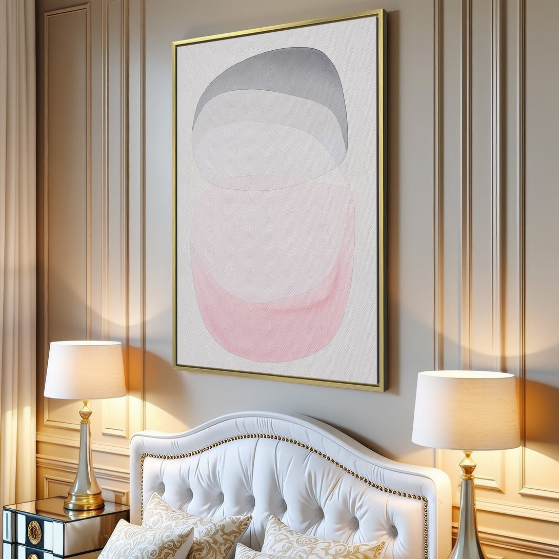 Abstract Canvas Print in a modern interior, featuring soft pink, gray, and white hues. Perfect for minimalist decor.