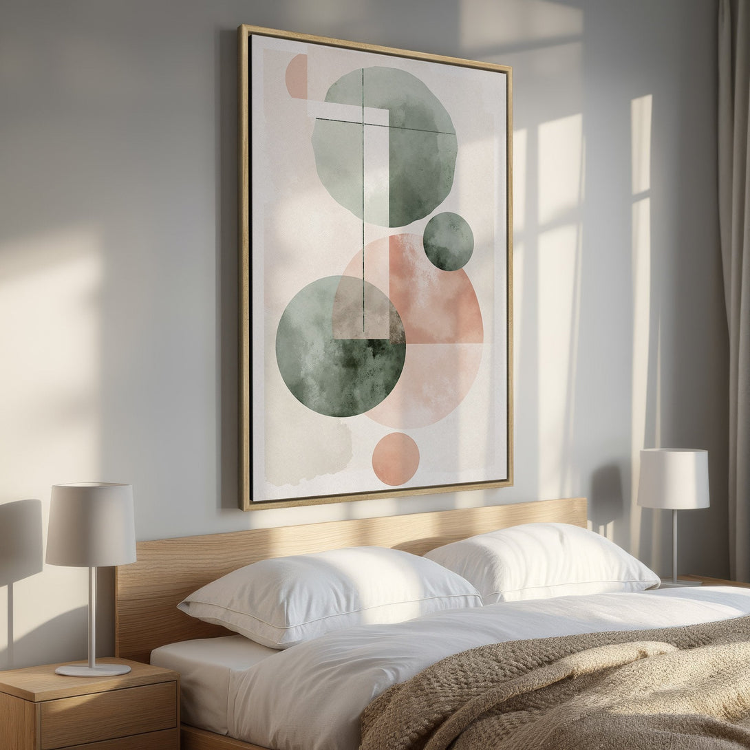 Framed Wall Art: Abstract geometric art in blush, sage, and neutral tones. Modern canvas print adds a touch of elegance to any bedroom decor.