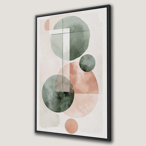 Framed Wall Art featuring abstract watercolor circles in a minimalist style. Soft peach and green hues create a calming aesthetic for any space.