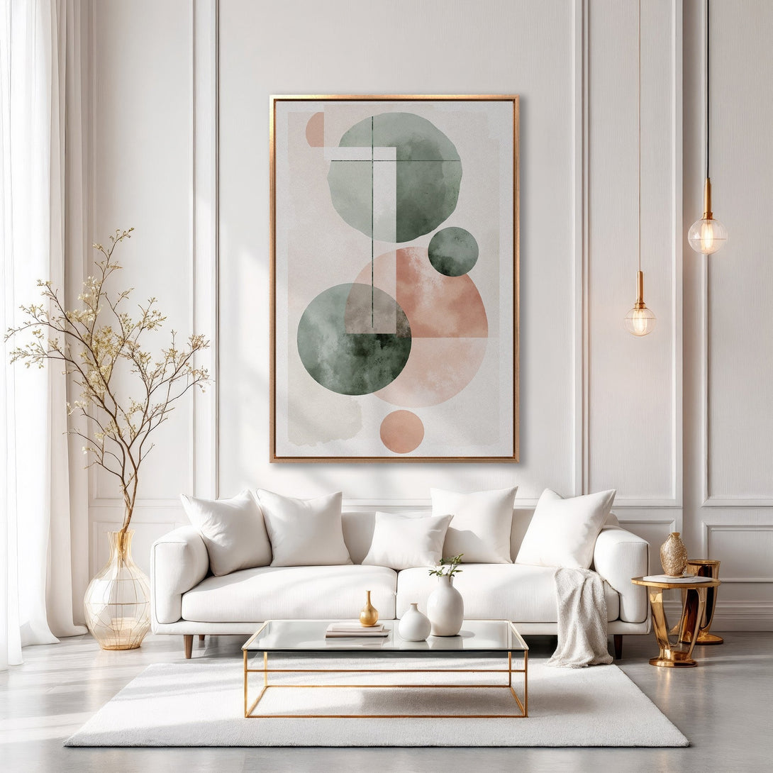 Framed Wall Art: Abstract geometric design in muted green and peach tones. Modern art print adds a touch of elegance to any living room.