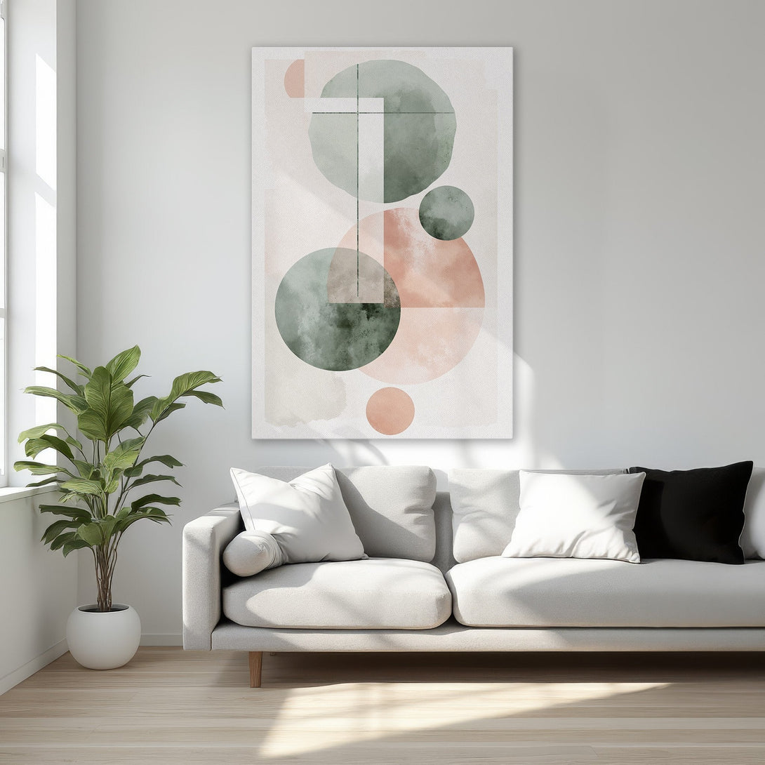 Framed Wall Art: Abstract geometric design in soft green and blush tones. Modern canvas print adds a touch of elegance to any interior.