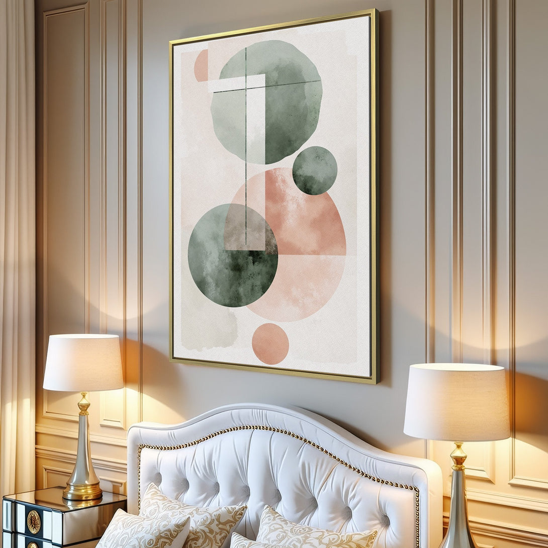 Canvas Print of abstract geometric art in a modern interior. Features a soft color palette of blush pink, sage green, and neutral tones.