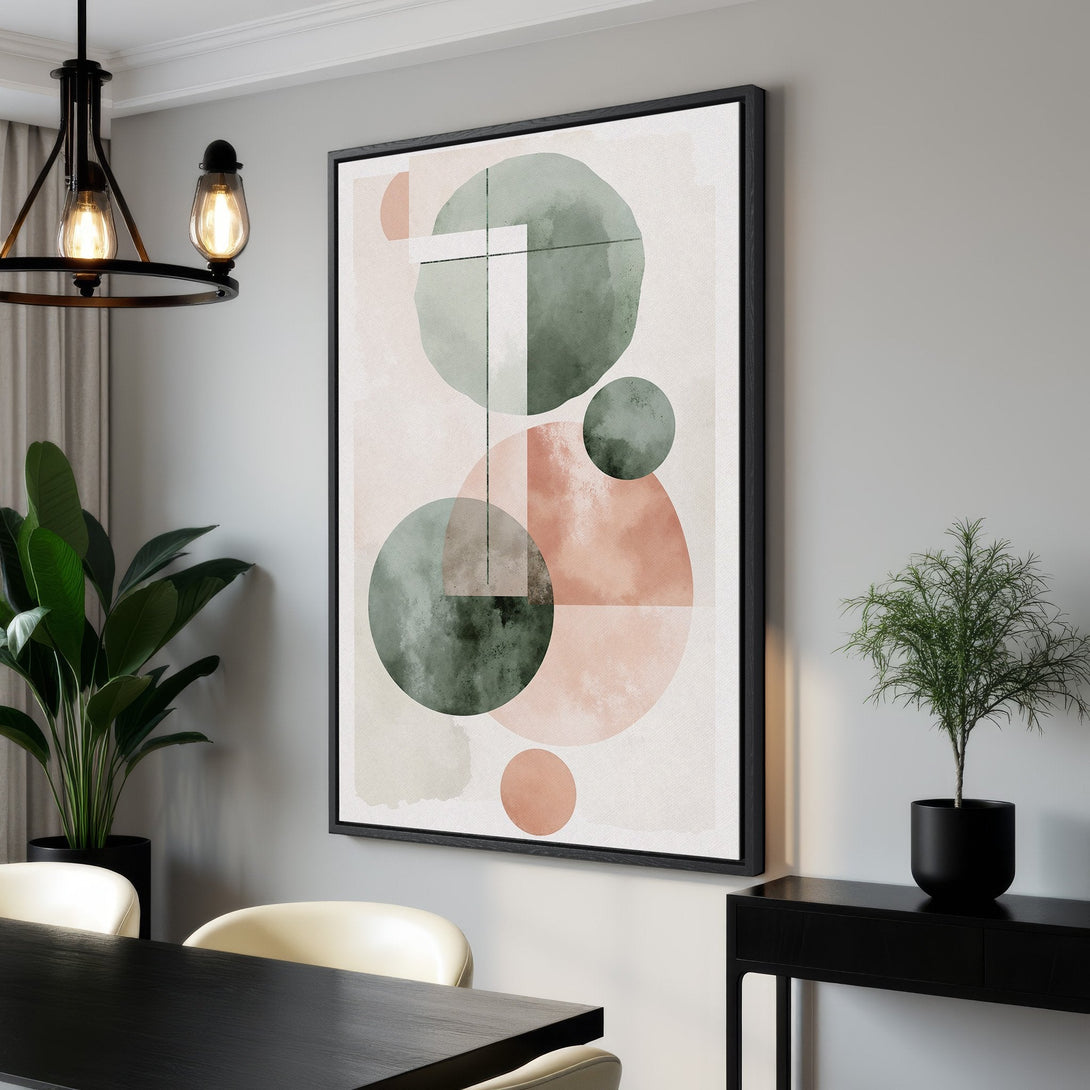 Framed Wall Art: Abstract geometric art in muted green and peach tones. Modern canvas print adds a touch of elegance to any interior.