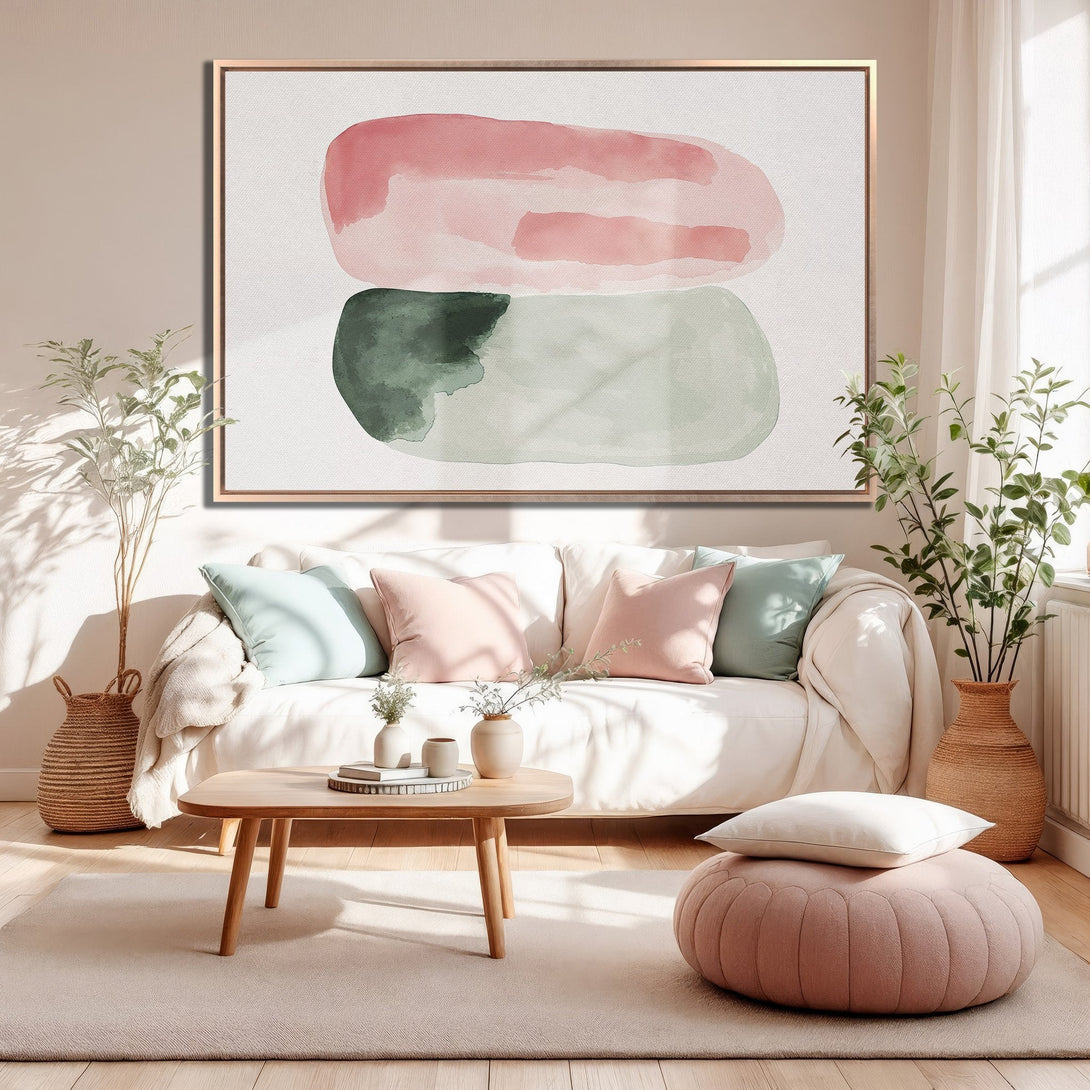 Framed Wall Art featuring abstract watercolor shapes in pink & green. Modern art canvas print for a stylish living room.