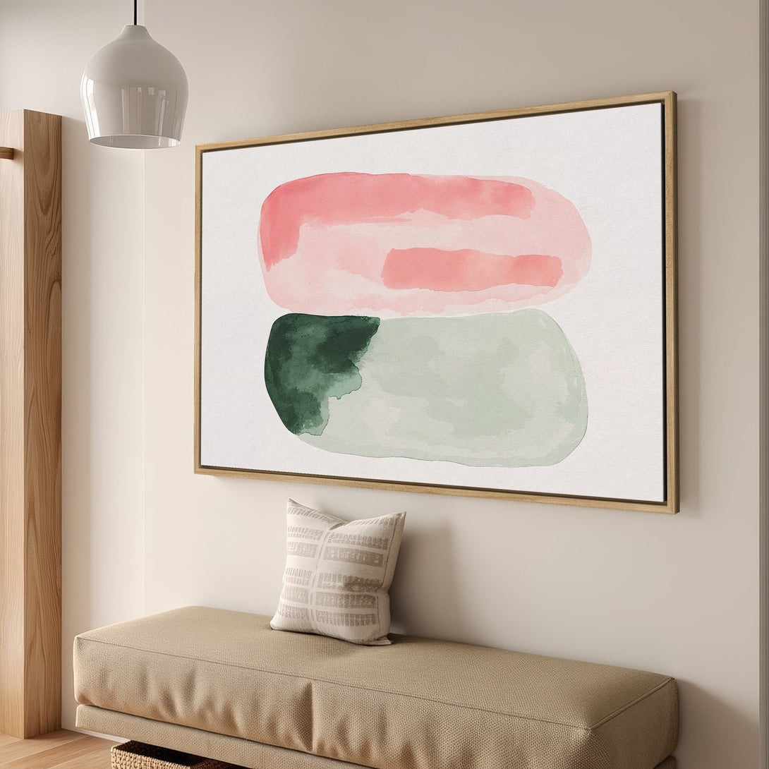 Framed Wall Art featuring abstract watercolor shapes in pink, green, and neutral tones. Modern art for your home decor.